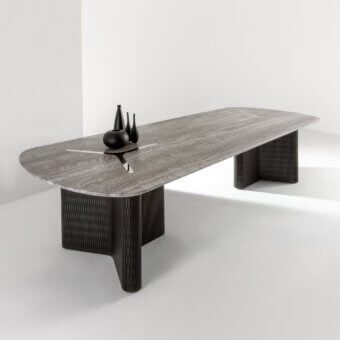 Luxury Laurameroni Infinity Air Table with marble tabletop finish, burnished brass Y‑shaped inlay, lacquered base, pedestal.