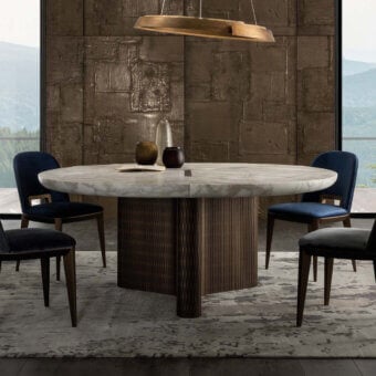 Luxury Laurameroni Infinity Table marble top white and grey veining fluted wooden pedestal finished deep matte brown