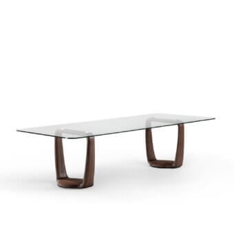 Elegant Porada Saddle rectangular glass table walnut supports rising curves satin finished wood bases