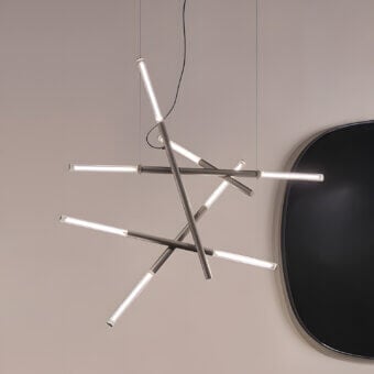 Premium Sovet Italia Willow Cross Suspension Lamp with neutral metal arms and Italian glass diffusers, gray finish