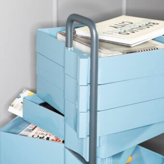 Distinguished B-Line Spinny drawer storage unit in glossy light blue painted steel and ABS plastic with matte gray handle