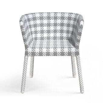 Architectural Braid Tartan armchair in grey and white woven fiber with high contrast graphic weave atop curved enveloping shell