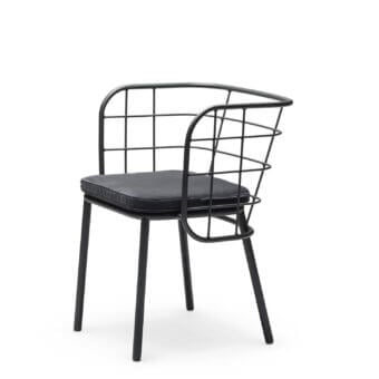 Architectural Chairs & More Jujube armchair with matte black tubular metal frame and dark grey nautical rope weaving