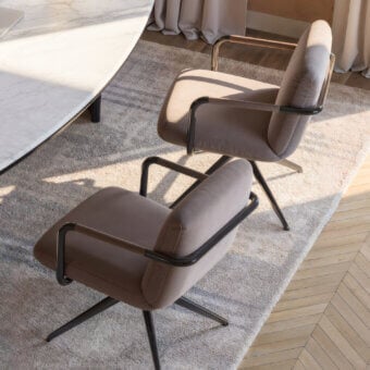 Premium CPRN Homood Barry armchair with matte black metal frame, muted taupe greige woven fabric, dark brown armrest inserts