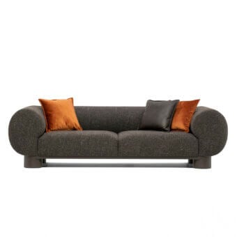 Refined Egoitaliano Aster sofa in dark charcoal-grey matte fabric with burnt-orange and black cushions, epoxy metal base