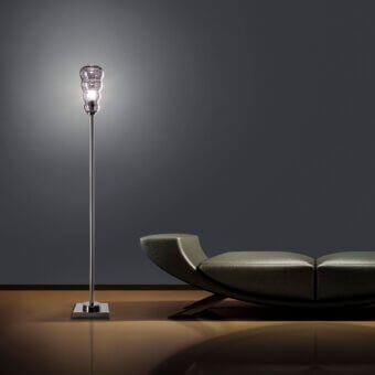 Architectural Euroluce Vogue floor lamp crafted with polished silver metal and sculptural iridescent textured glass shade