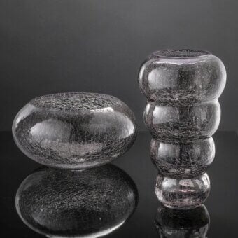 Premium Euroluce Vogue centerpiece and vase set crafted from transparent purple glass with internal crackle texture