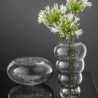 Architectural Euroluce Vogue Centerpiece & Vase Set in crackle texture transparent glass with stacked spherical volumes