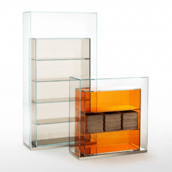 Exquisite Glas Italia BoxInBox bookcase in orange transparent glass and clear outer shell with polished stainless steel base