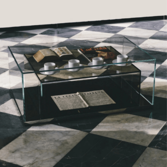 Sleek Glas Italia BoxInBox coffee table with a transparent glossy finish and minimalist low-profile rectangular design