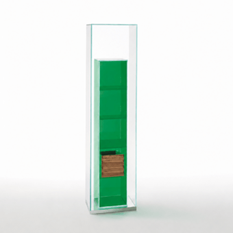 Sophisticated Glas Italia BoxInBox display case in crystal-clear and vibrant green glass with mirror-polished stainless steel