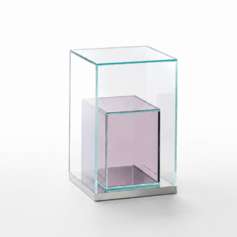 Refined Glas Italia BoxInBox Display Case 2 with pale purple and clear cuboid form on polished stainless steel base