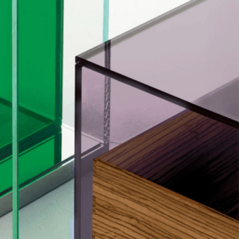 Architectural Glas Italia BoxInBox Display Case 2 with translucent purple glossy tinted shell and natural grain wood interior