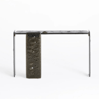 Sleek Glas Italia Opalia console in smoky grey fused glass with organic bubbles and anodized brushed aluminum legs
