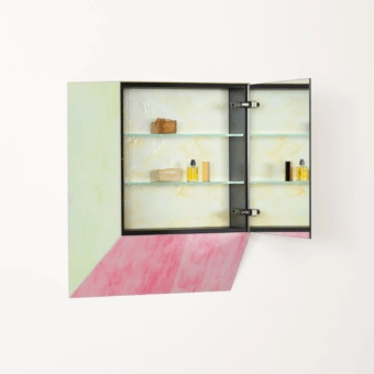 Impeccable Glas Italia Remis mirror cabinet in pale green and pink cast mosaic tiles with marbled back panel