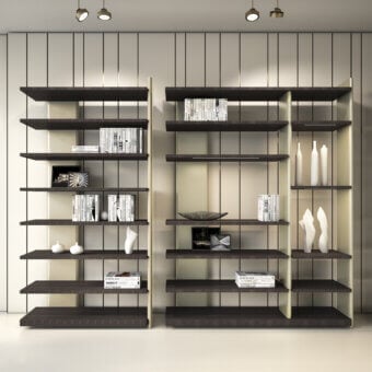 Luxury Laurameroni bookcase with matte dark wood shelves and gold lacquer uprights, minimalist contemporary lines, proportions