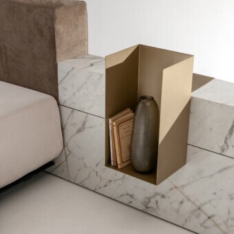 Premium Laurameroni Symphony Bed with aniline‑dyed wood base, white stone platform veined, taupe velvet, gold metal organizer