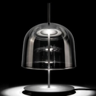 Elegant melogranoblu Coke Table Lamp with clear glass dome silver-grey metal stem creating interplay of light and shadow