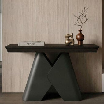 Distinguished Ozzio Italia Sakura Console to Table with dark brown wood top and sculptural charcoal grey matte metal base