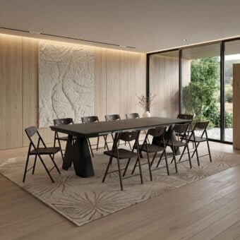 Refined Ozzio Italia Sakura console to table with rectangular top in dark charcoal matte finish and angular V-shaped legs