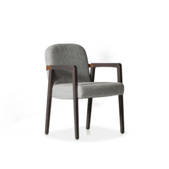 Elegant Potocco Eline dining armchair with dark matte wood frame, mottled gray upholstery, leather straps, brass accents