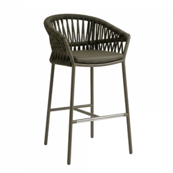 Sophisticated Roberti Rattan Altomare barstool with graphite powder-coated aluminum, ash woven rope backrest and PVC fabric seat