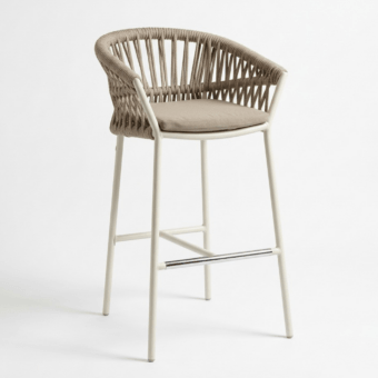 Architectural Roberti Rattan Altomare barstool with Ice powder-coated aluminum frame and light mix synthetic rope backrest