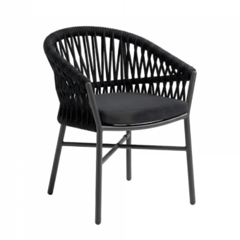 Distinguished Roberti Rattan Altomare chair with matte black powder-coated aluminum frame and hand-woven synthetic rope