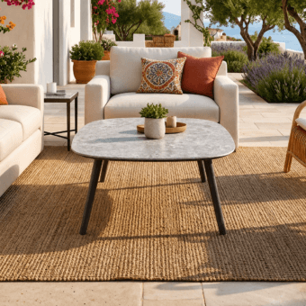 Distinguished Roberti Rattan Altomare coffee table with light grey stone finish and graphite aluminum tapered legs