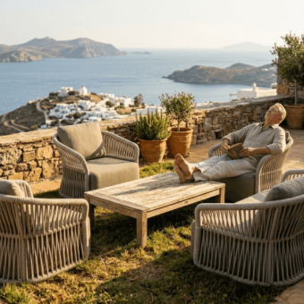 Sumptuous Roberti Rattan Altomare lounge chair with Ice aluminum frame in sandy round rope light weave and walnut cushions