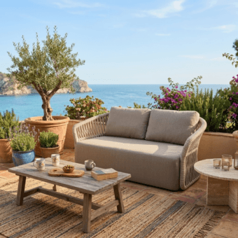 Sophisticated Roberti Rattan Altomare sofa with curved silhouette in Ice aluminum, light mix synthetic rope and grey fabric