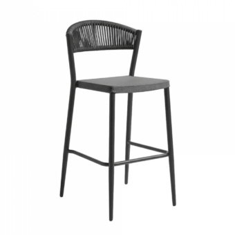 Refined Roberti Rattan Olivento barstool in matte black powder-coated aluminum with woven backrest and textured dark seat