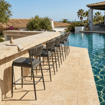 Sophisticated Roberti Rattan Olivento barstool in charcoal polyester powder-coated aluminum with dark grey PVC and taupe rope