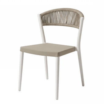 Sophisticated Roberti Rattan Olivento chair with taupe PVC seat, synthetic rope weave backrest and white powder-coated aluminum