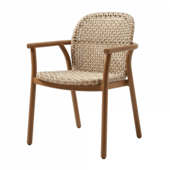 Sophisticated Roberti Rattan Venturio chair in mid-tone brown and light beige woven PVC with wood-look aluminum frame
