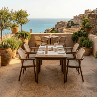 Distinguished Roberti Rattan Venturio outdoor dining chair built from mid dark brown aluminum with wood look and beige woven PVC