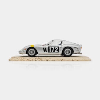 Exquisite Vèlle Milano Ferrari 250GTO Tour de France metal scale model in silver and Modena yellow on textured marble base