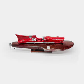 Exquisite Vèlle Milano Ferrari Arno XI hydroplane in vibrant red metal and polished mahogany on leather natural marble base