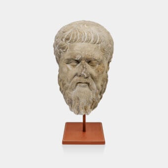 Exceptional Vèlle Milano Companion of Odysseus sculptural bust in aged beige cream plaster and terracotta-brown leather
