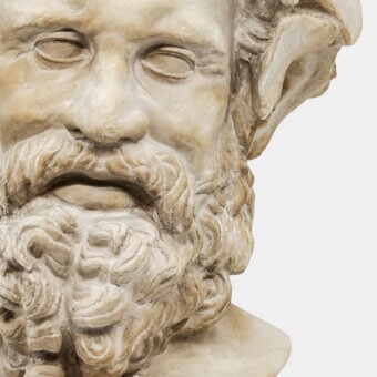 Distinguished Vèlle Milano Silenus sculpture in off white aged plaster with leather wrapped steel base and ochre accents