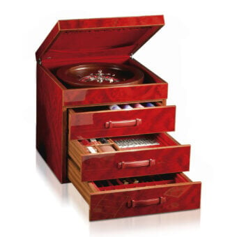 Refined Agresti Casino Passion chest in red burl wood featuring golden linework and hardware