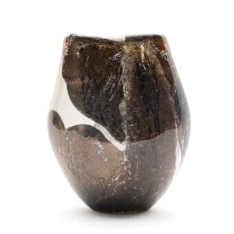 Distinguished Bocci 93.2026.21 vase with organic bulbous form in deep charcoal, brown, clear blown glass and aluminum