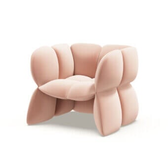 Refined Furla Casa Fiore lounge chair in pale pink fabric with sculptural petal-inspired silhouette and metal arch logo