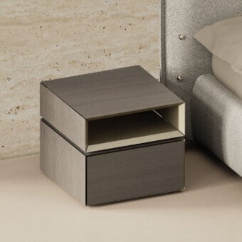 Sophisticated Furla Casa Geo nightstand in muted taupe Rovere Argilla wood veneer with rotating metal element and plinth base