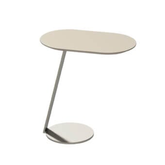 Refined Furla Casa Magica side table with asymmetrical oval beige lacquered veneered wood top and resin coated metal base