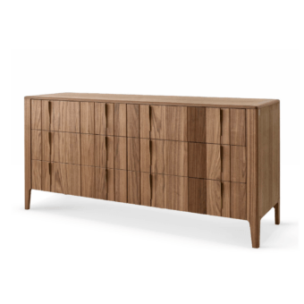 Sophisticated Modesign Domino dresser in warm medium brown wood with matte finish vertical paneling and fluted detailing