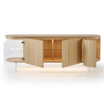 Exquisite Modesign sideboard in light brown wood and glass with matte finish and visible grain pattern