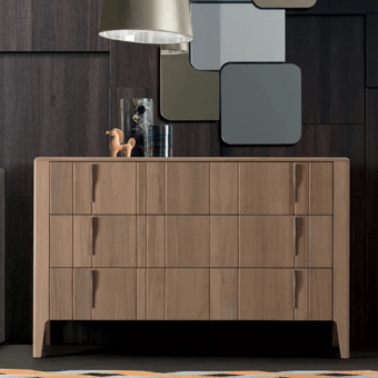 Exquisite Modesign Domino dresser in medium brown wood with matte finish vertical grain pattern and metallic handles