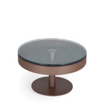 Distinguished Naos Levante round coffee table with glass top, bronze-brown painted frame and integrated wooden drawer