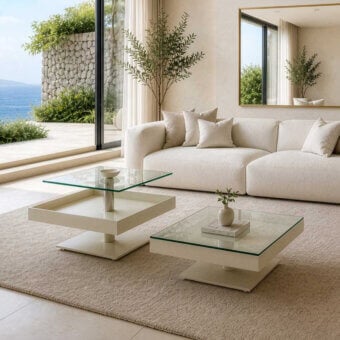 Exquisite Naos Levante rectangular coffee table in transparent glass and silver-toned metal with smooth white finish